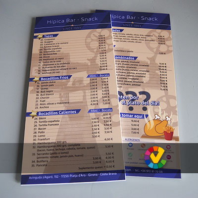 cartas bar restaurante en PVC